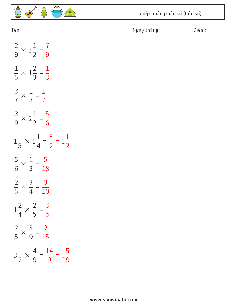 (10) phép nhân phân số (hỗn số) Bảng tính toán học 6 Câu hỏi, câu trả lời