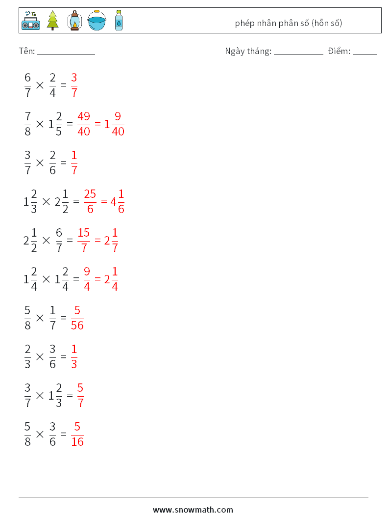 (10) phép nhân phân số (hỗn số) Bảng tính toán học 7 Câu hỏi, câu trả lời