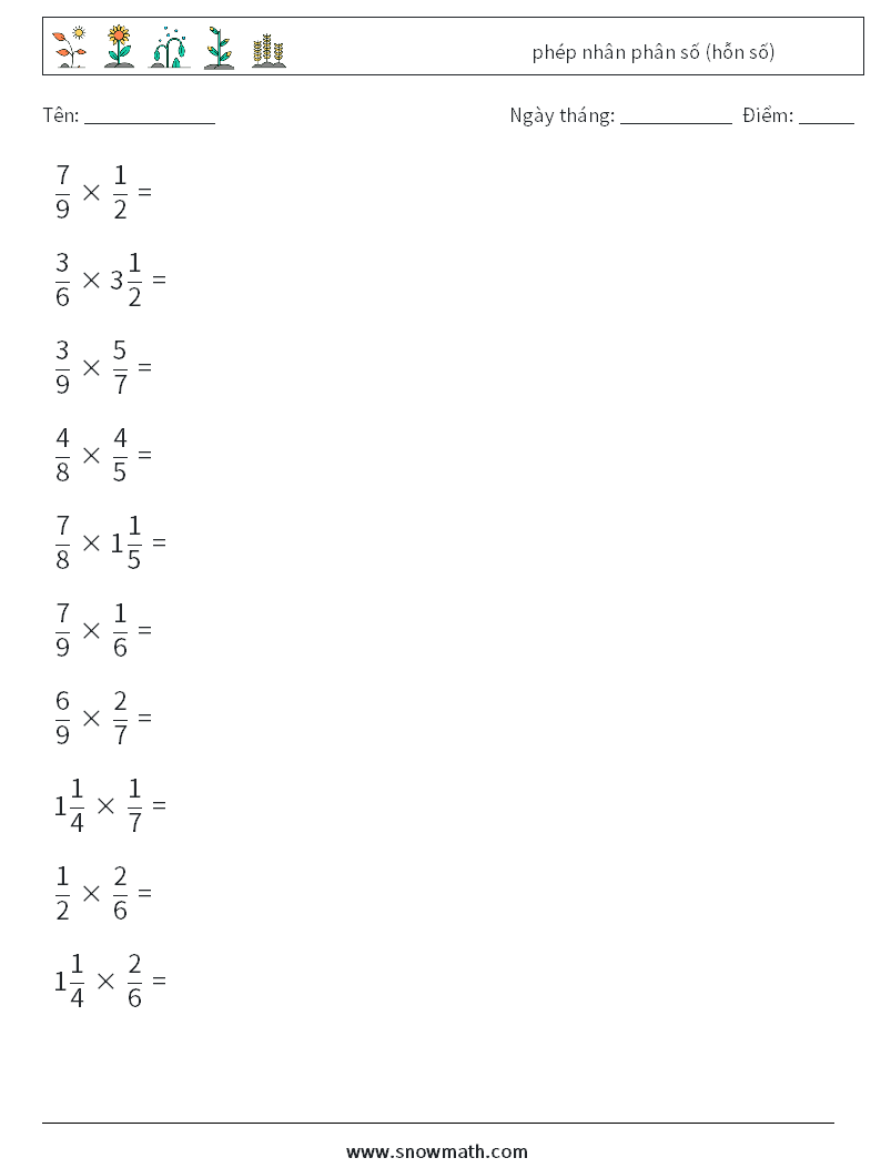 (10) phép nhân phân số (hỗn số) Bảng tính toán học 8
