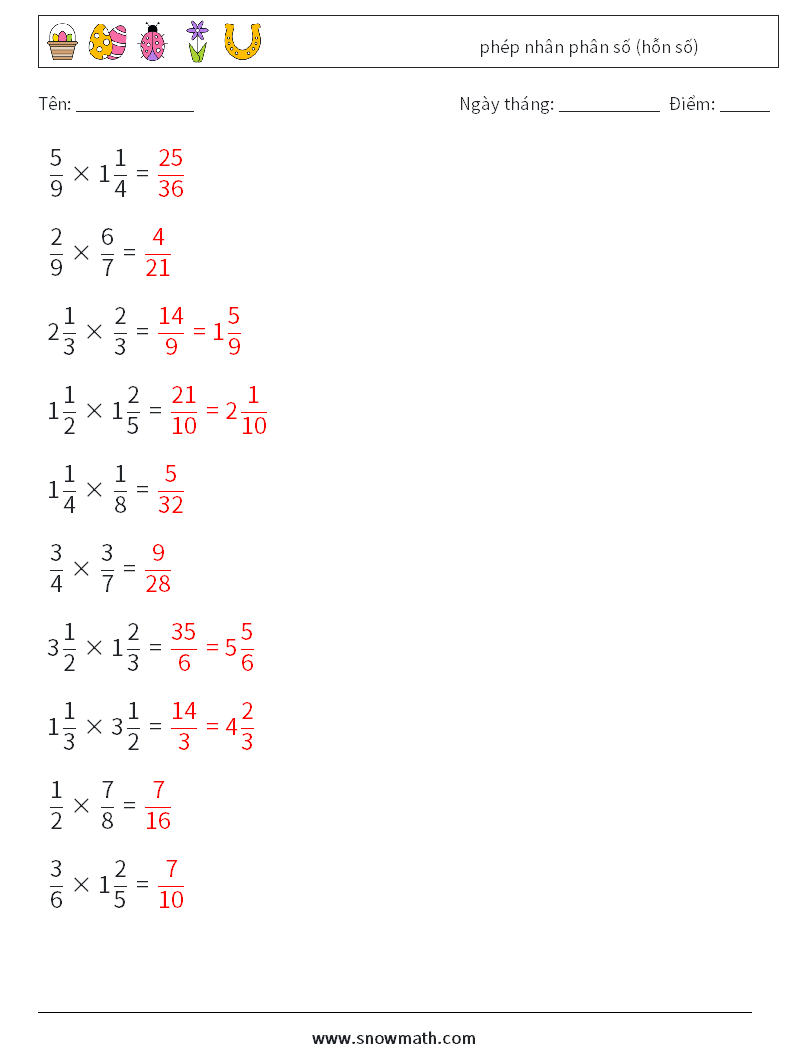 (10) phép nhân phân số (hỗn số) Bảng tính toán học 9 Câu hỏi, câu trả lời