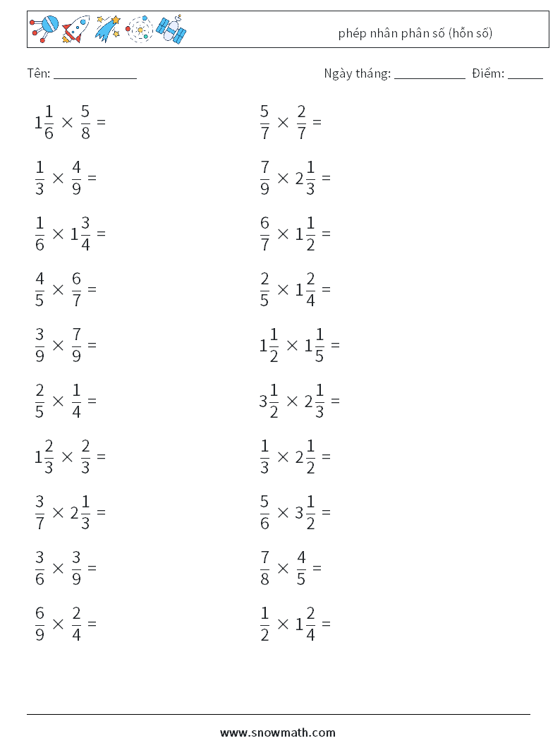 (20) phép nhân phân số (hỗn số) Bảng tính toán học 1