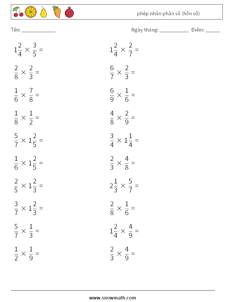 (20) phép nhân phân số (hỗn số) Bảng tính toán học 10