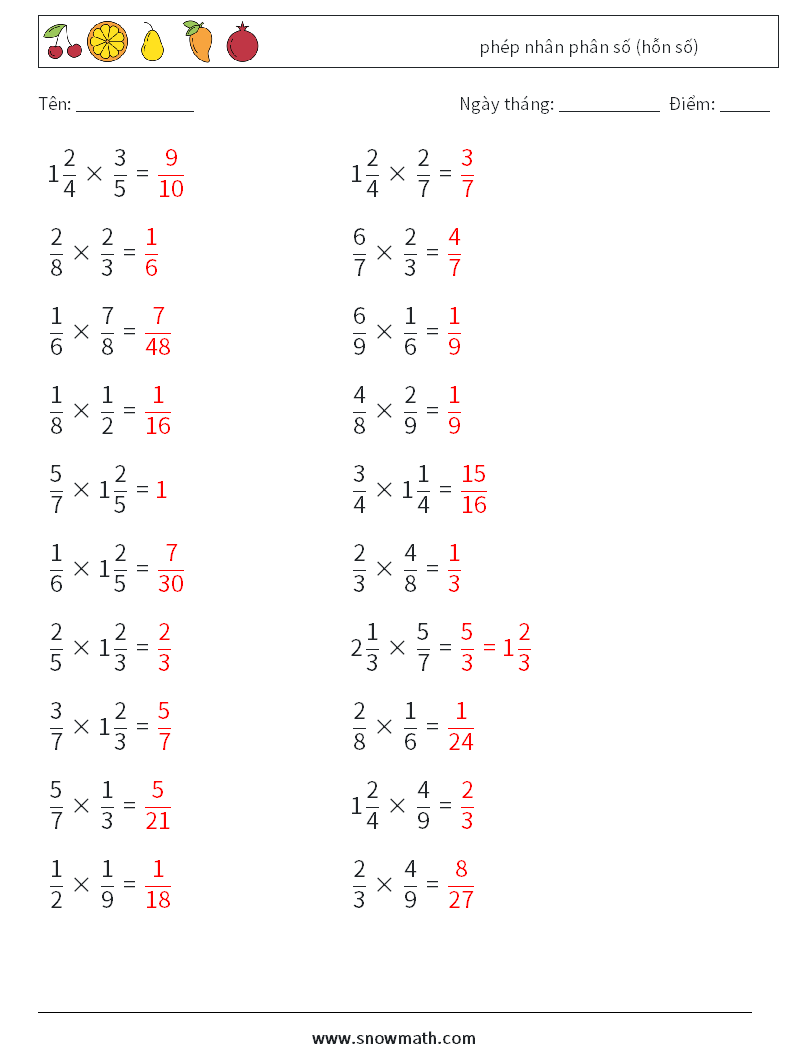 (20) phép nhân phân số (hỗn số) Bảng tính toán học 10 Câu hỏi, câu trả lời
