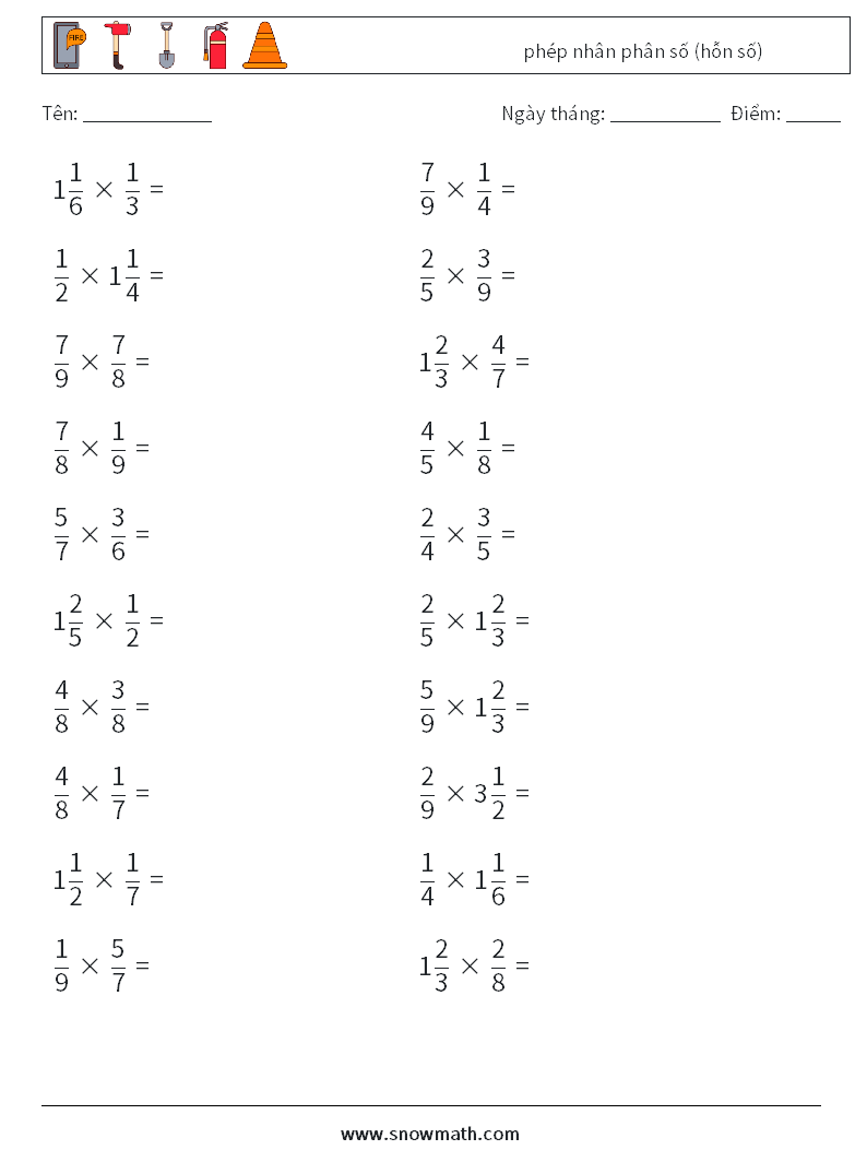 (20) phép nhân phân số (hỗn số) Bảng tính toán học 11