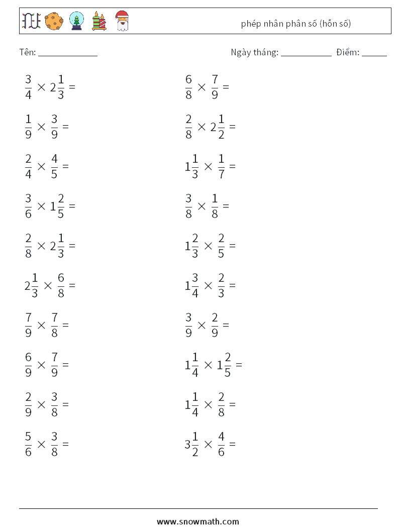 (20) phép nhân phân số (hỗn số) Bảng tính toán học 13