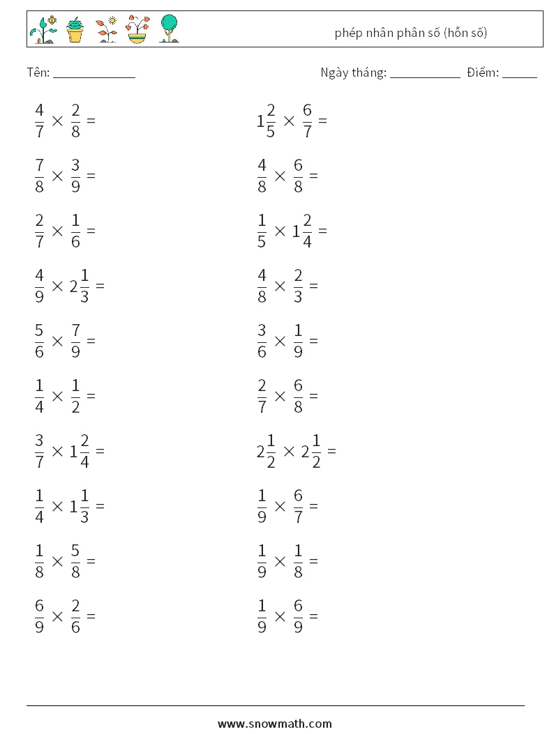 (20) phép nhân phân số (hỗn số) Bảng tính toán học 14