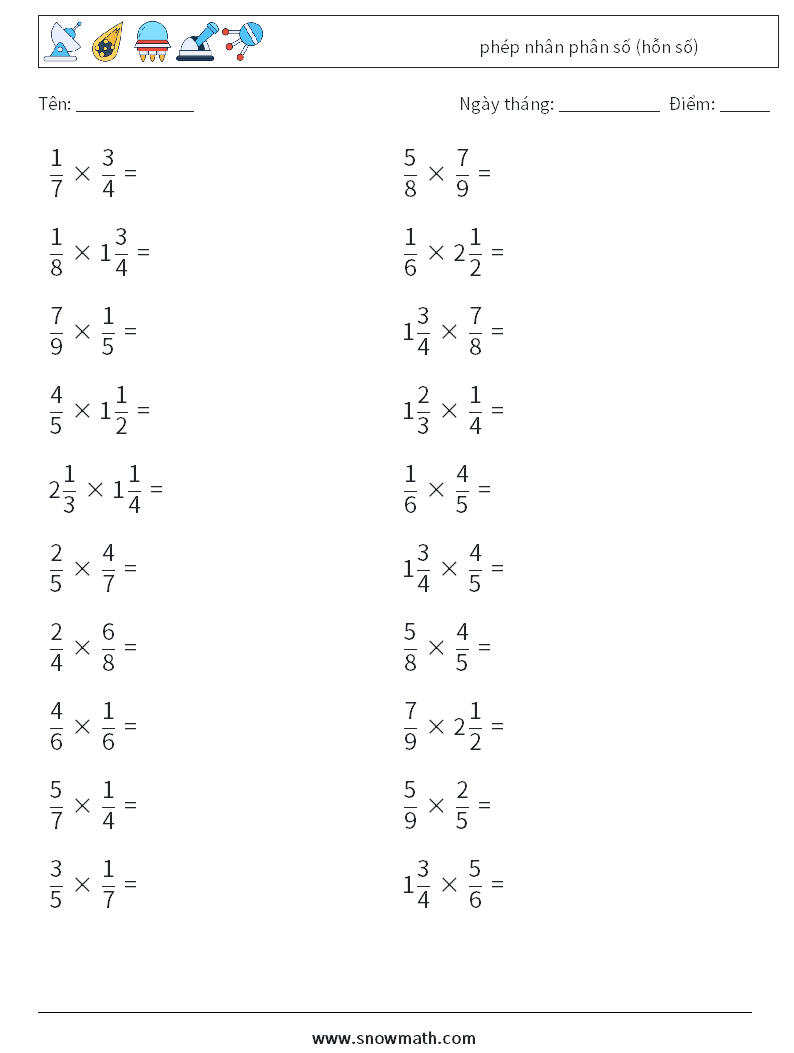 (20) phép nhân phân số (hỗn số) Bảng tính toán học 15