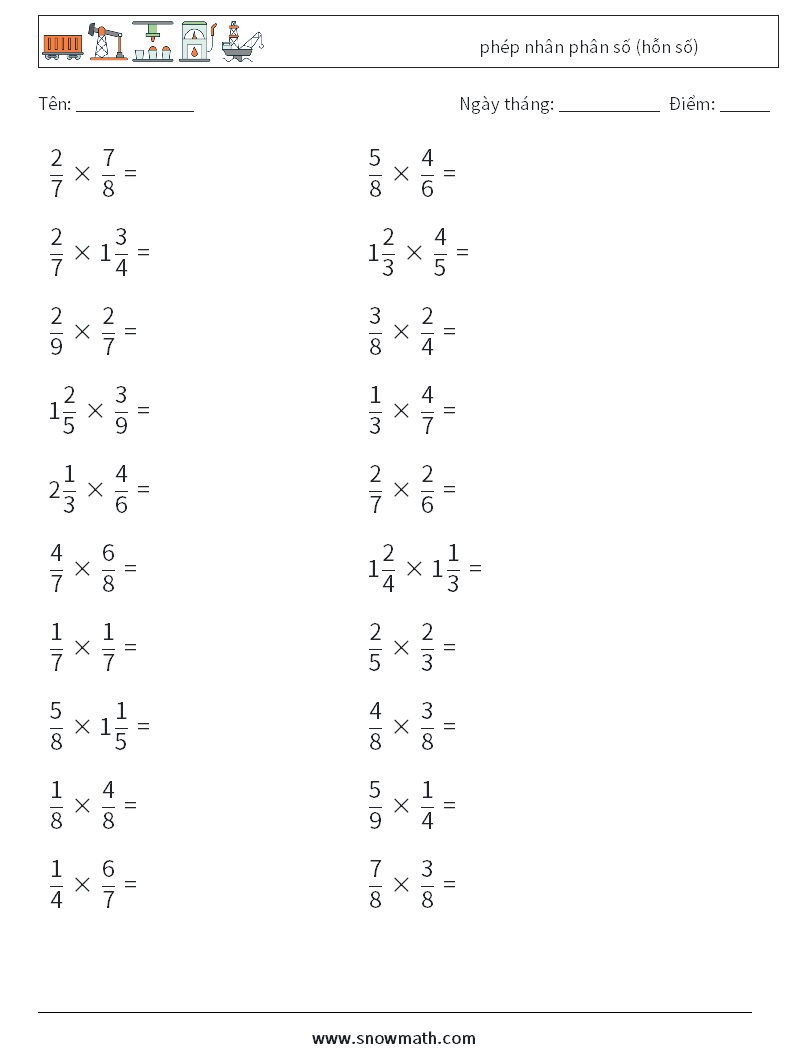 (20) phép nhân phân số (hỗn số) Bảng tính toán học 16