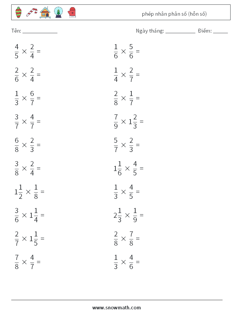 (20) phép nhân phân số (hỗn số) Bảng tính toán học 17
