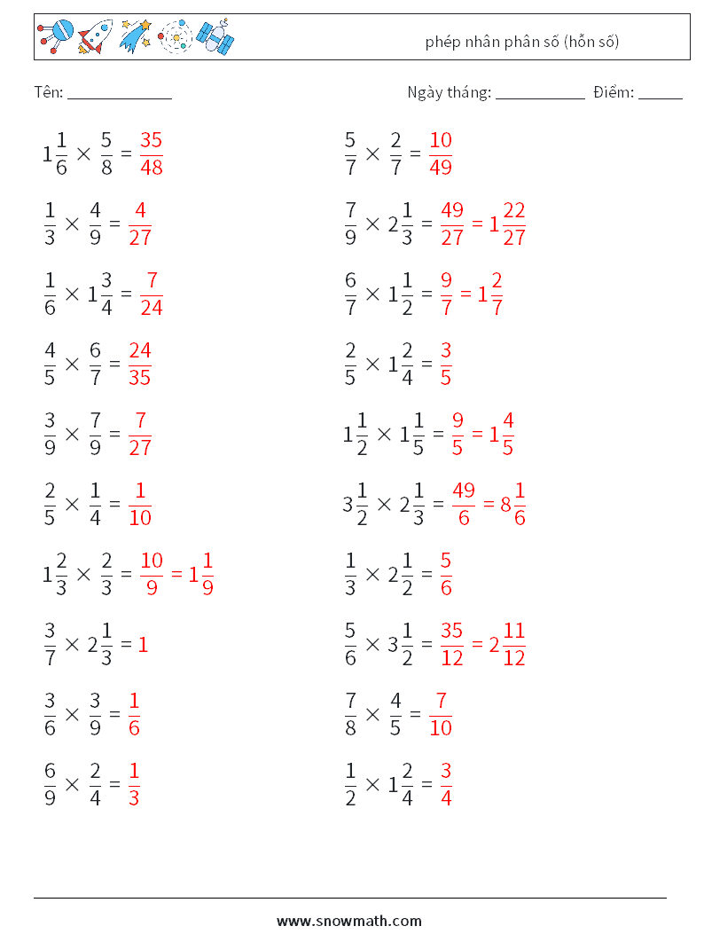 (20) phép nhân phân số (hỗn số) Bảng tính toán học 1 Câu hỏi, câu trả lời