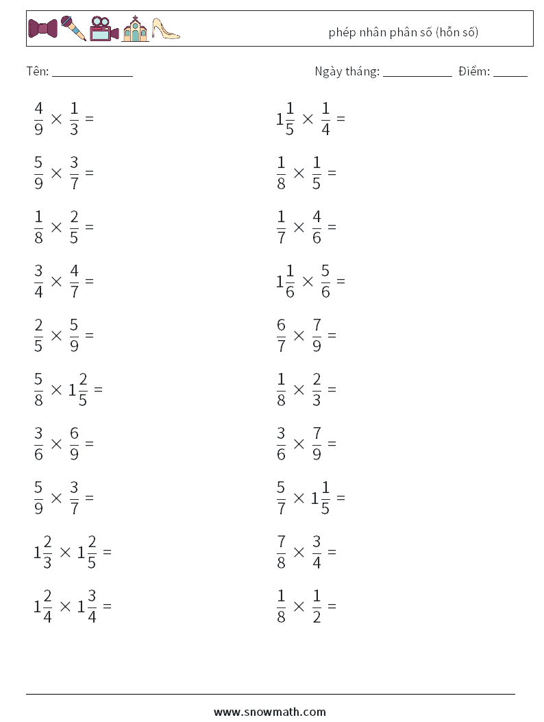 (20) phép nhân phân số (hỗn số) Bảng tính toán học 2