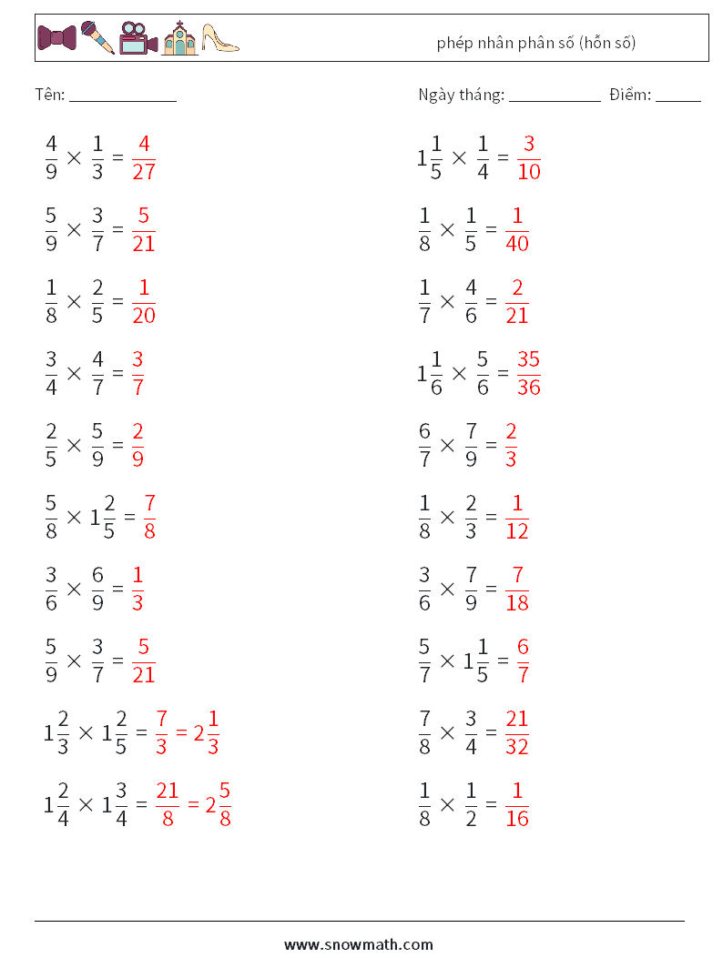 (20) phép nhân phân số (hỗn số) Bảng tính toán học 2 Câu hỏi, câu trả lời