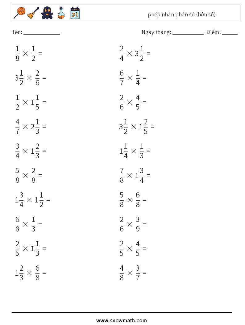 (20) phép nhân phân số (hỗn số) Bảng tính toán học 3