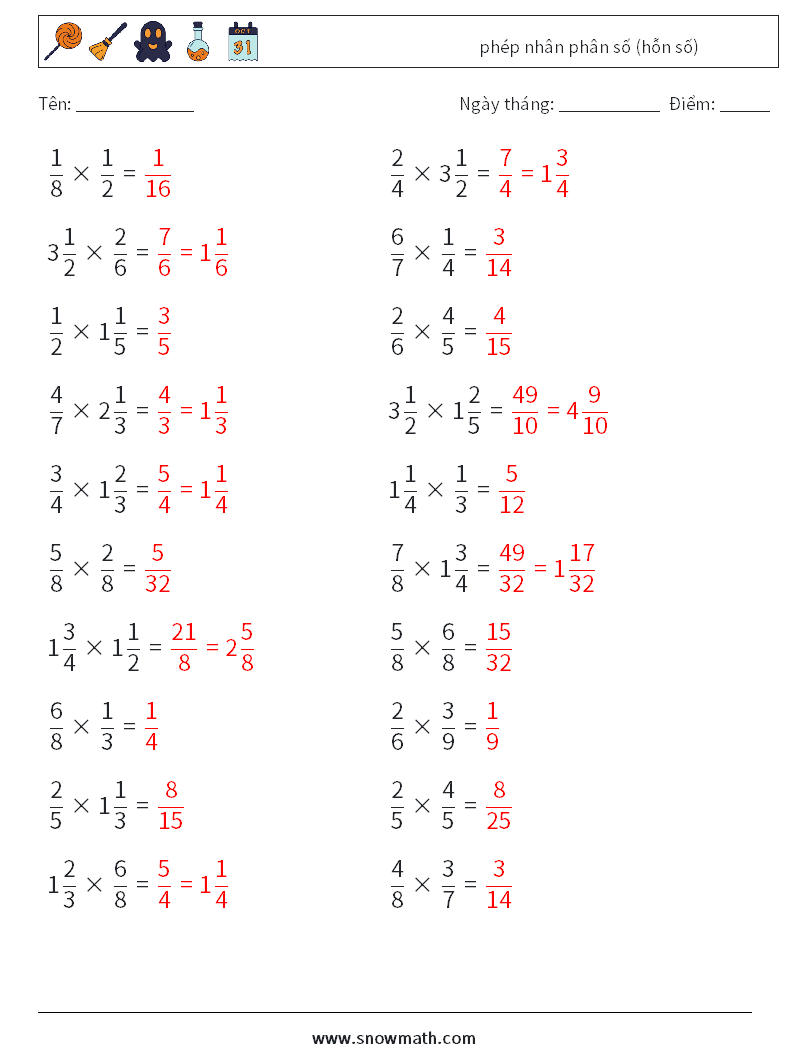 (20) phép nhân phân số (hỗn số) Bảng tính toán học 3 Câu hỏi, câu trả lời