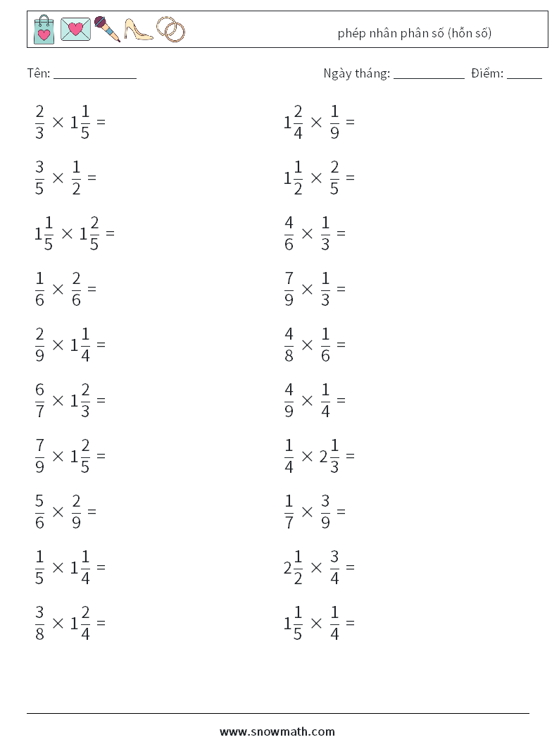 (20) phép nhân phân số (hỗn số) Bảng tính toán học 4