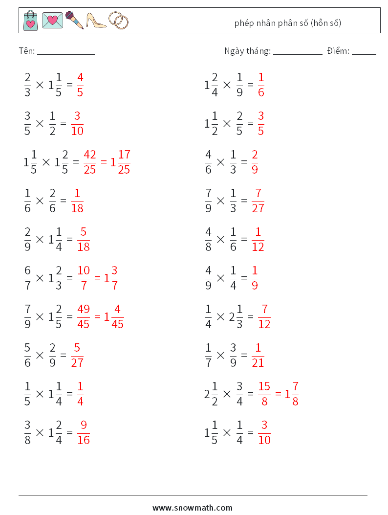 (20) phép nhân phân số (hỗn số) Bảng tính toán học 4 Câu hỏi, câu trả lời