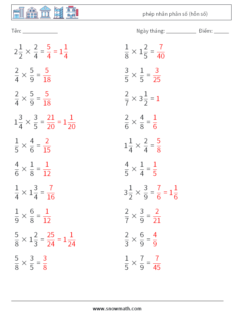 (20) phép nhân phân số (hỗn số) Bảng tính toán học 5 Câu hỏi, câu trả lời