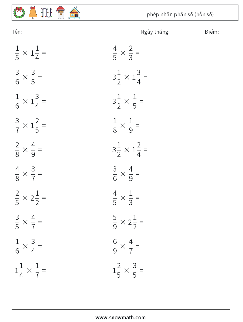 (20) phép nhân phân số (hỗn số) Bảng tính toán học 6