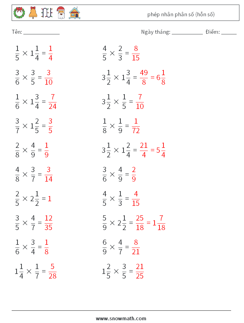 (20) phép nhân phân số (hỗn số) Bảng tính toán học 6 Câu hỏi, câu trả lời