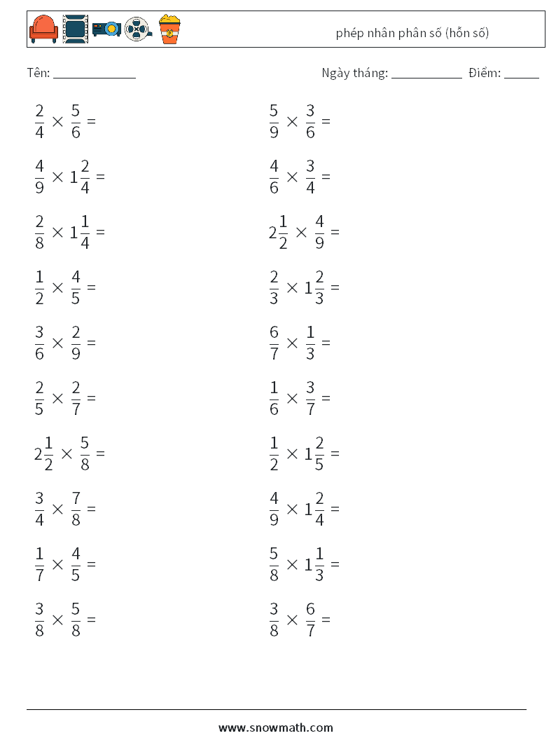 (20) phép nhân phân số (hỗn số) Bảng tính toán học 7