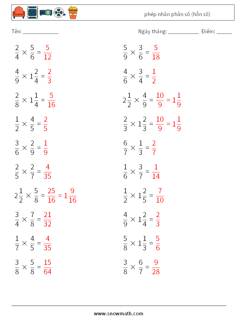 (20) phép nhân phân số (hỗn số) Bảng tính toán học 7 Câu hỏi, câu trả lời