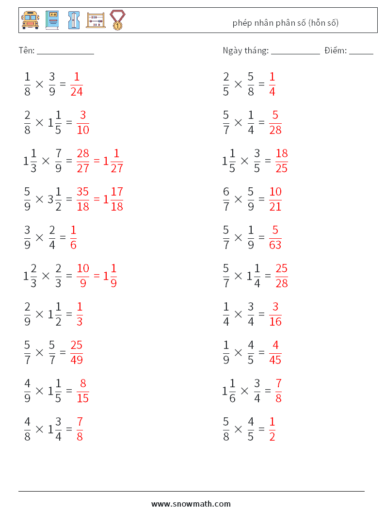 (20) phép nhân phân số (hỗn số) Bảng tính toán học 8 Câu hỏi, câu trả lời