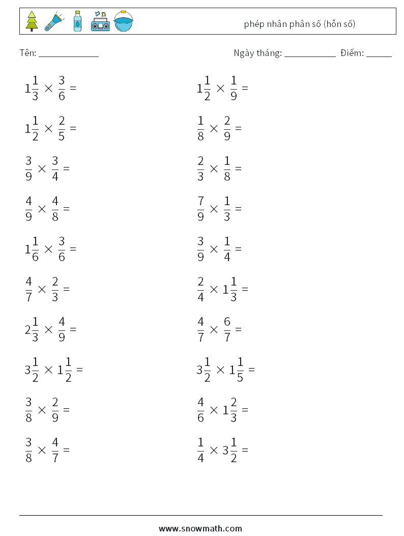 (20) phép nhân phân số (hỗn số) Bảng tính toán học 9