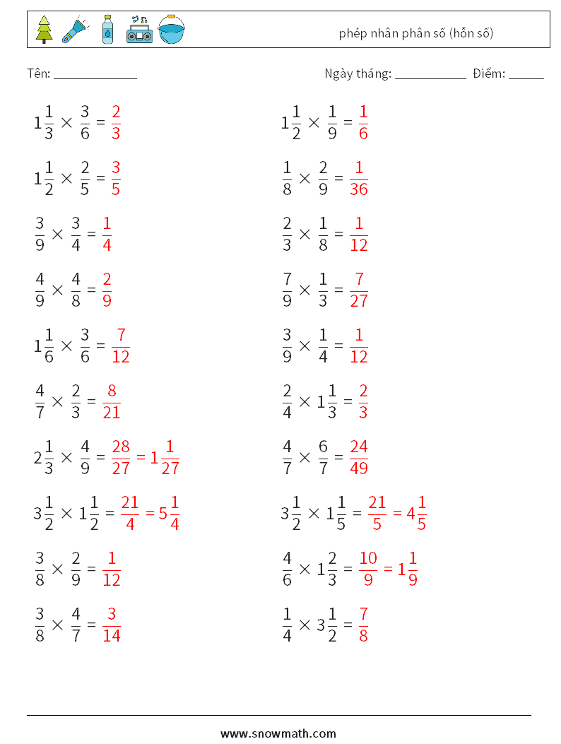 (20) phép nhân phân số (hỗn số) Bảng tính toán học 9 Câu hỏi, câu trả lời
