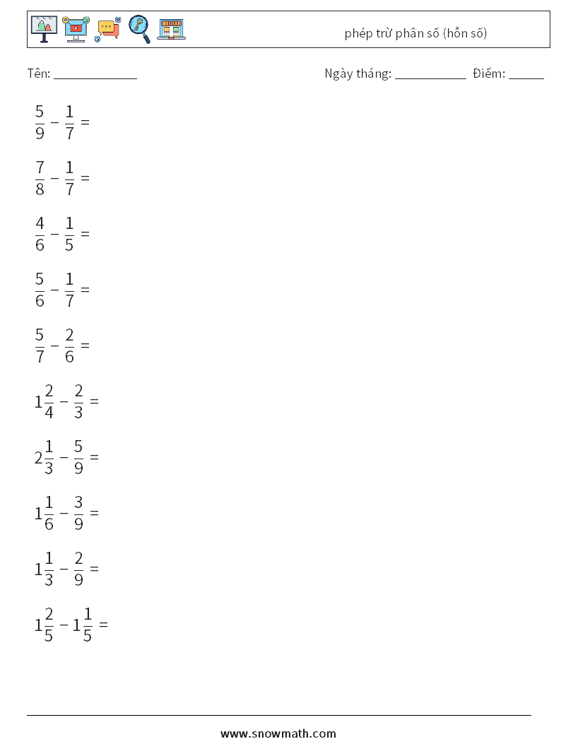 (10) phép trừ phân số (hỗn số) Bảng tính toán học 11