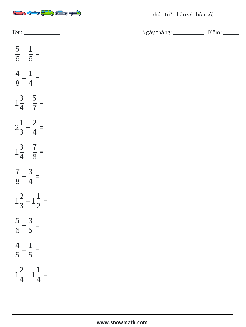 (10) phép trừ phân số (hỗn số) Bảng tính toán học 13