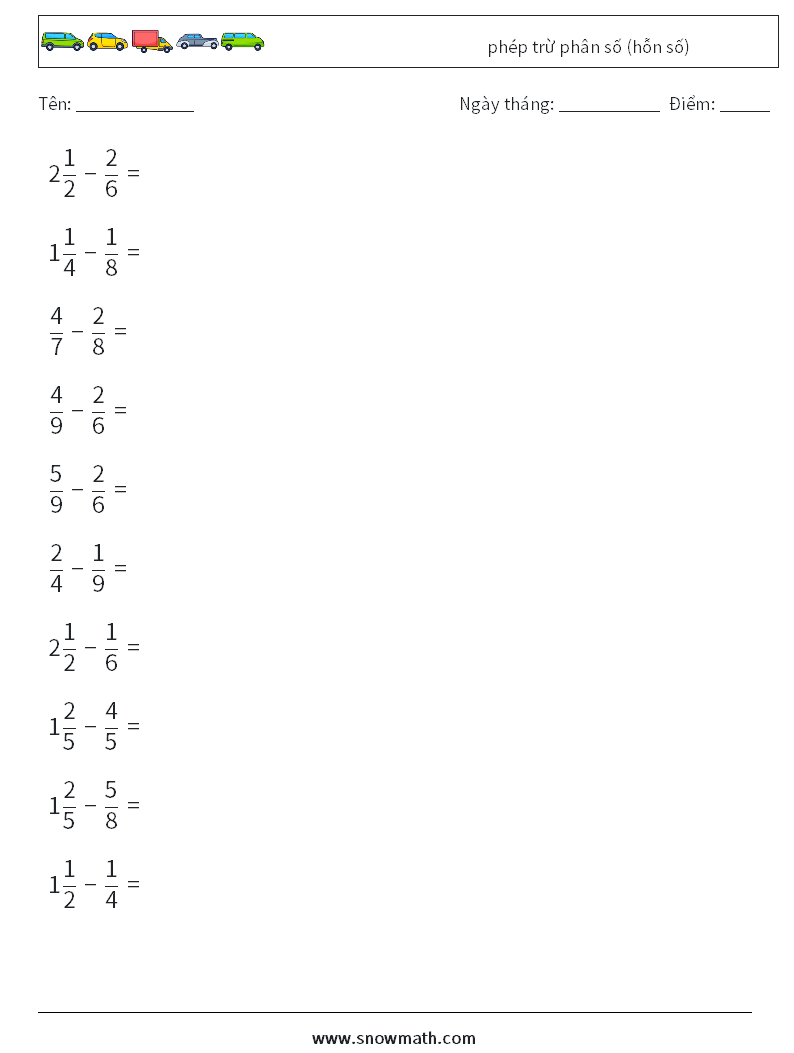 (10) phép trừ phân số (hỗn số) Bảng tính toán học 14