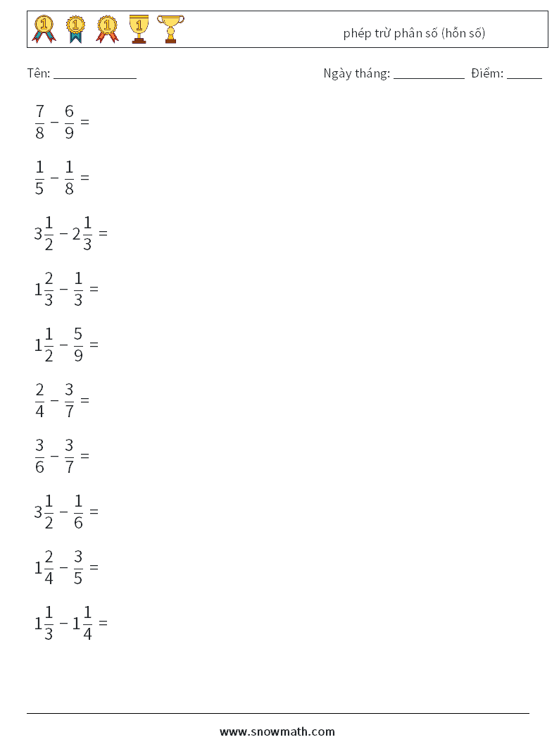 (10) phép trừ phân số (hỗn số) Bảng tính toán học 15