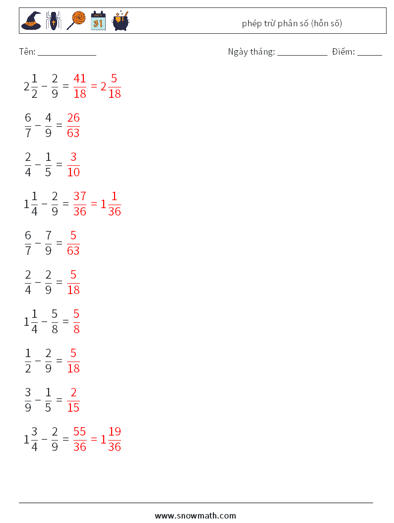 (10) phép trừ phân số (hỗn số) Bảng tính toán học 18 Câu hỏi, câu trả lời