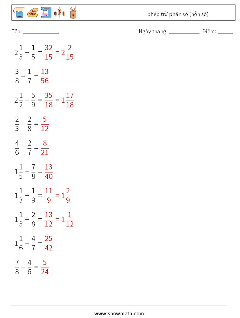 (10) phép trừ phân số (hỗn số) Bảng tính toán học 2 Câu hỏi, câu trả lời