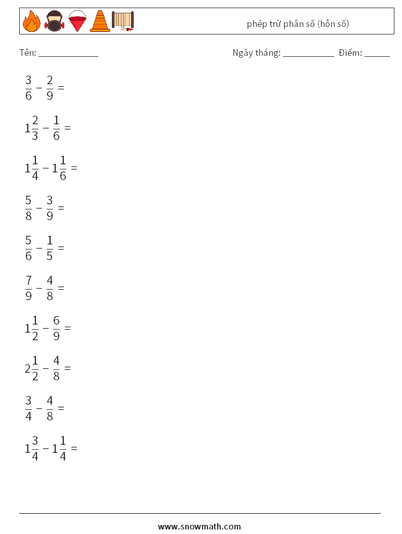 (10) phép trừ phân số (hỗn số) Bảng tính toán học 3