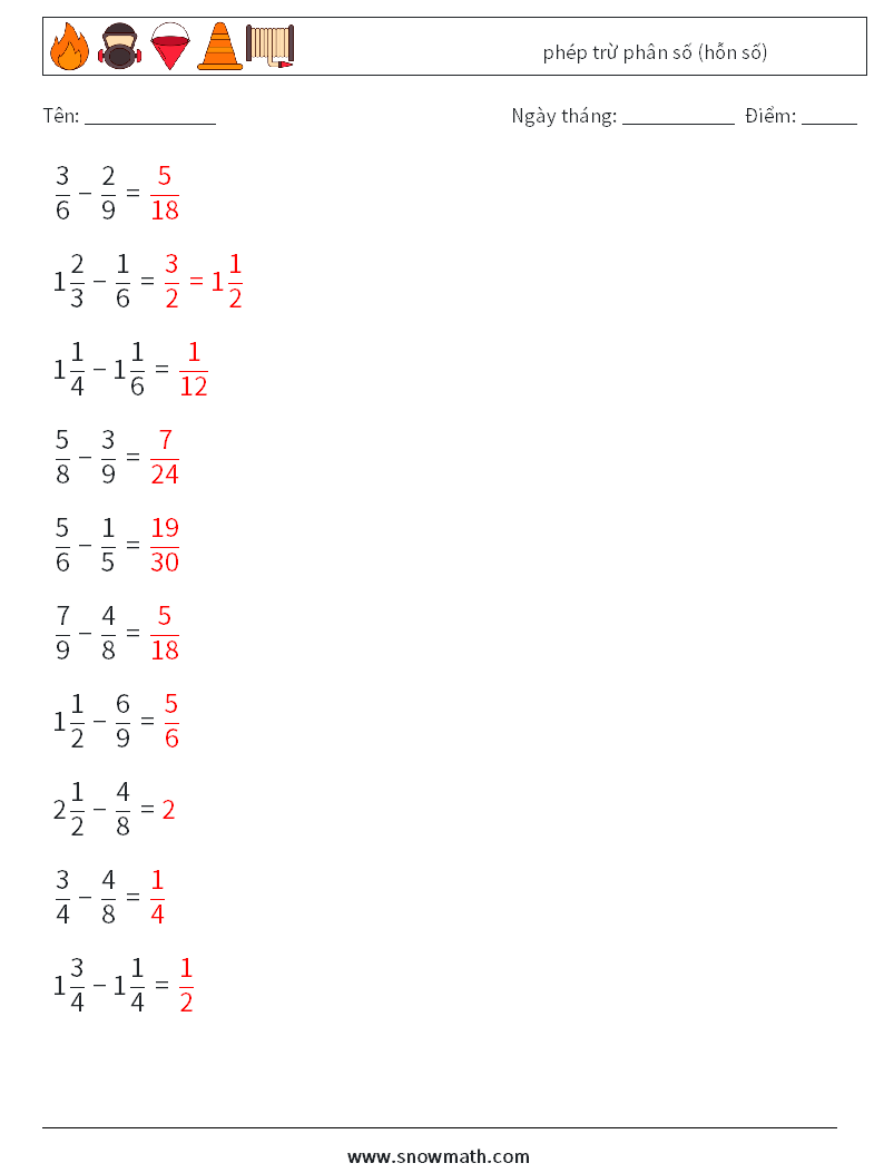 (10) phép trừ phân số (hỗn số) Bảng tính toán học 3 Câu hỏi, câu trả lời