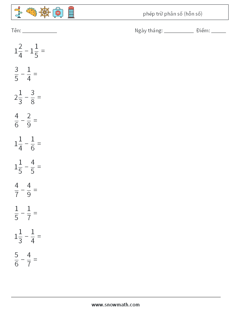 (10) phép trừ phân số (hỗn số) Bảng tính toán học 5