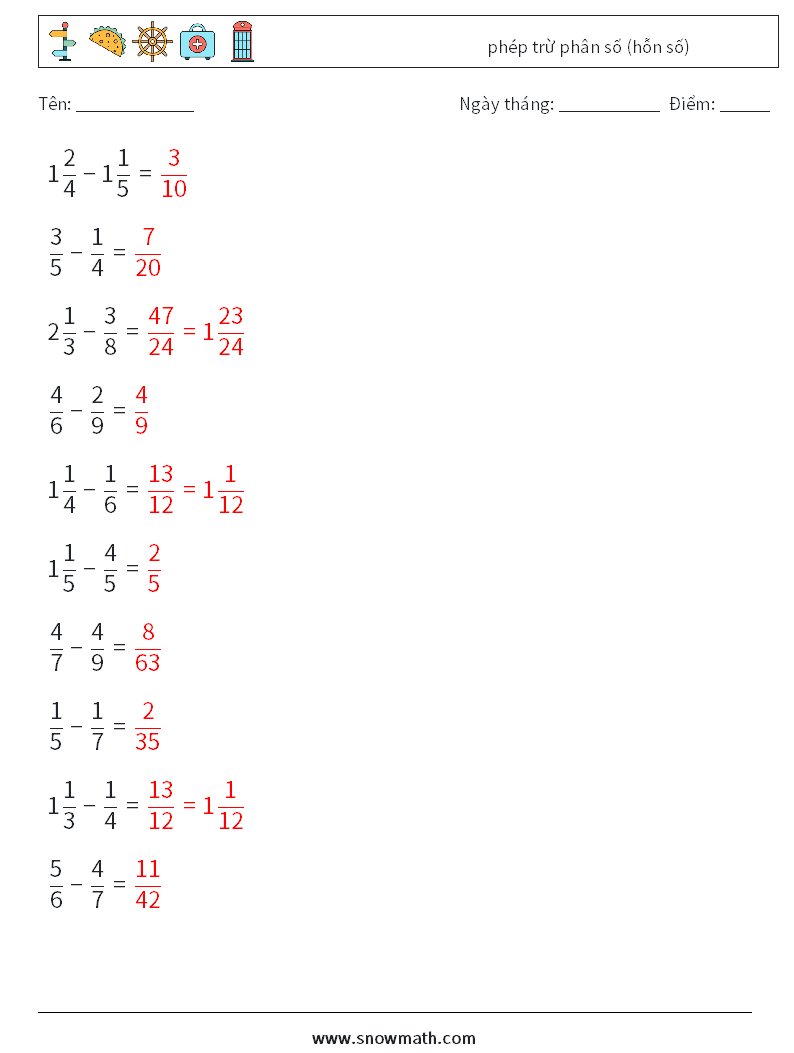 (10) phép trừ phân số (hỗn số) Bảng tính toán học 5 Câu hỏi, câu trả lời