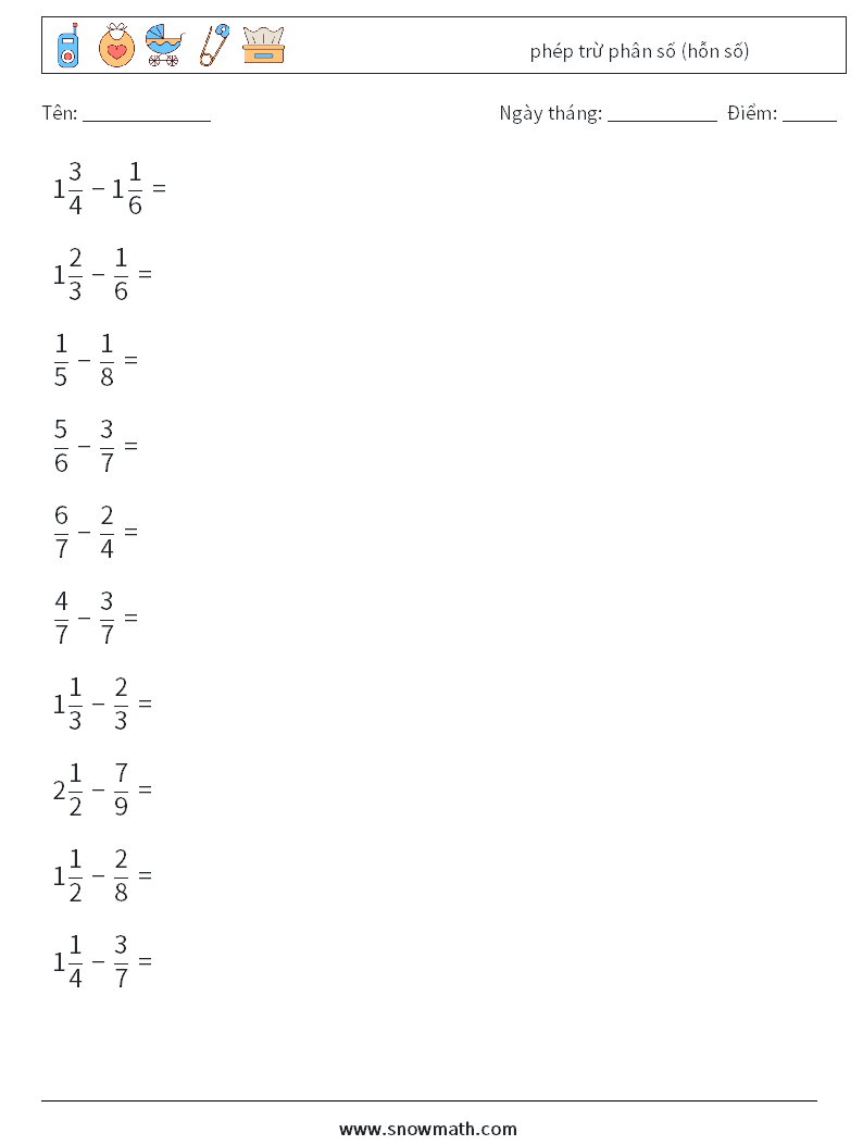 (10) phép trừ phân số (hỗn số) Bảng tính toán học 6