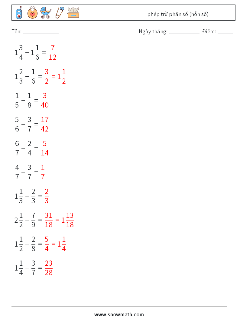 (10) phép trừ phân số (hỗn số) Bảng tính toán học 6 Câu hỏi, câu trả lời