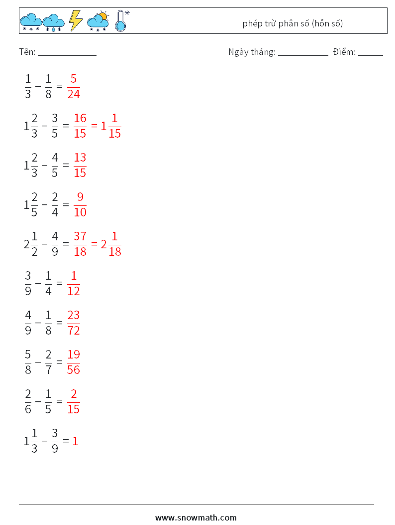 (10) phép trừ phân số (hỗn số) Bảng tính toán học 7 Câu hỏi, câu trả lời