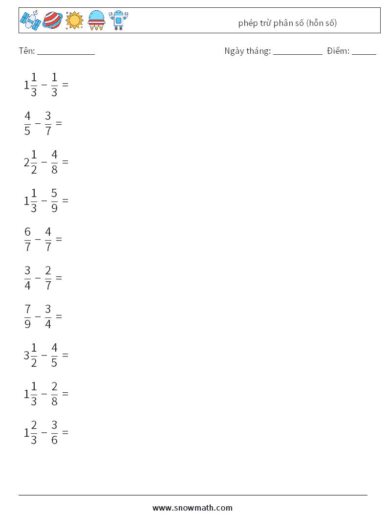 (10) phép trừ phân số (hỗn số) Bảng tính toán học 8