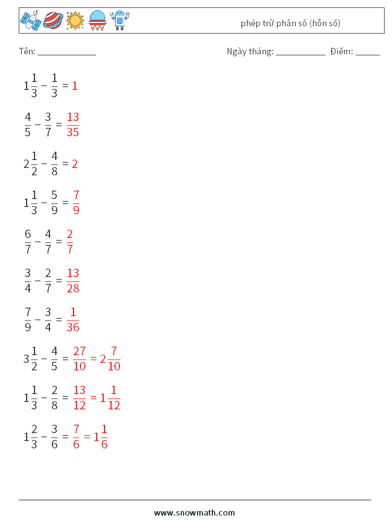 (10) phép trừ phân số (hỗn số) Bảng tính toán học 8 Câu hỏi, câu trả lời