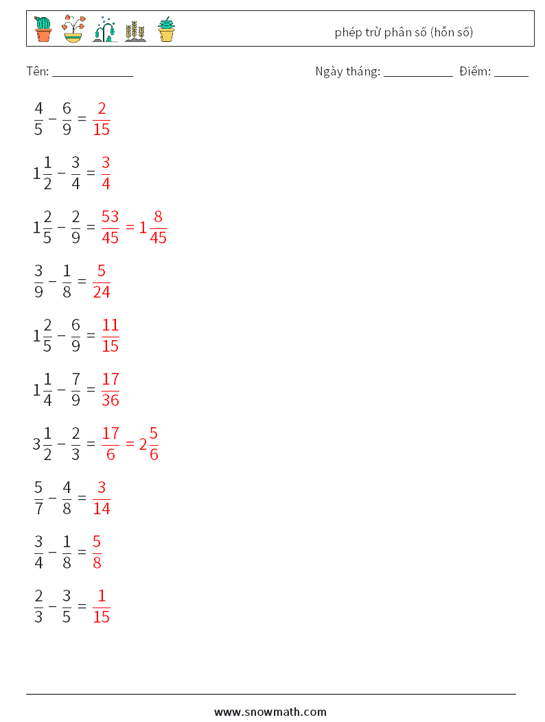 (10) phép trừ phân số (hỗn số) Bảng tính toán học 9 Câu hỏi, câu trả lời