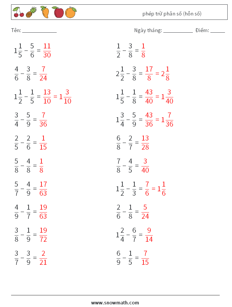 (20) phép trừ phân số (hỗn số) Bảng tính toán học 10 Câu hỏi, câu trả lời