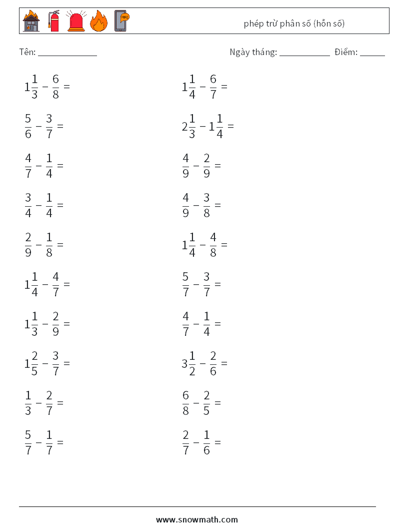 (20) phép trừ phân số (hỗn số) Bảng tính toán học 11