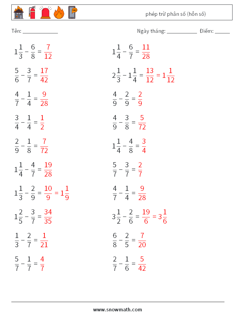 (20) phép trừ phân số (hỗn số) Bảng tính toán học 11 Câu hỏi, câu trả lời