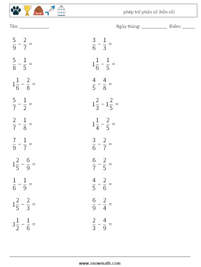 (20) phép trừ phân số (hỗn số) Bảng tính toán học 12