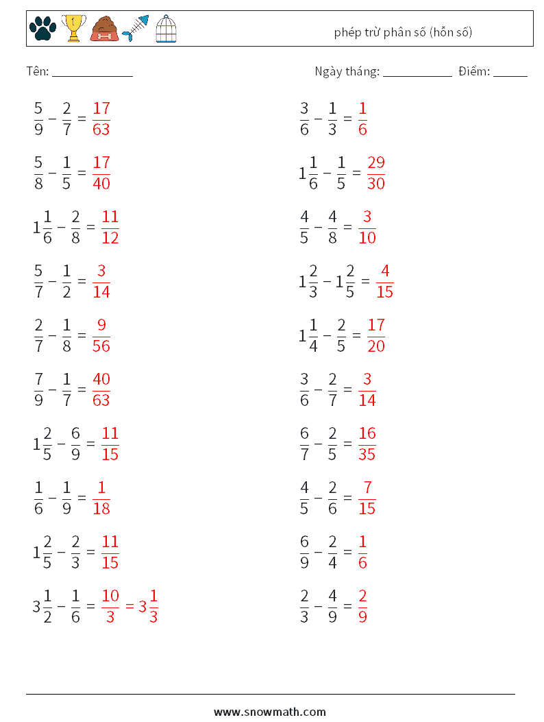 (20) phép trừ phân số (hỗn số) Bảng tính toán học 12 Câu hỏi, câu trả lời