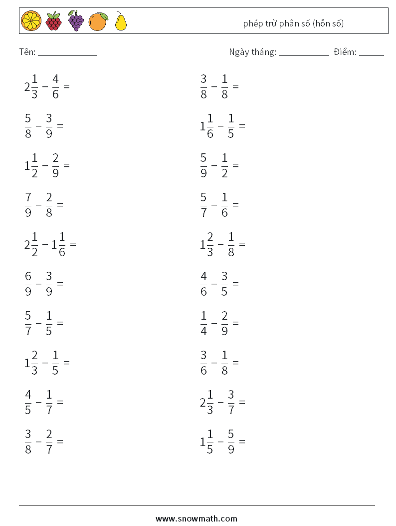(20) phép trừ phân số (hỗn số) Bảng tính toán học 13